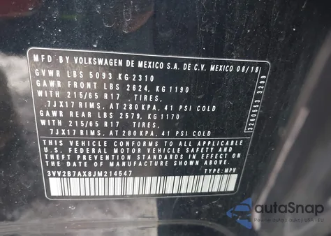 2018 Volkswagen Tiguan 2.0T Se/2.0T Sel z USA, uszkodzony, nr VIN 3VV2B7AX8JM214547